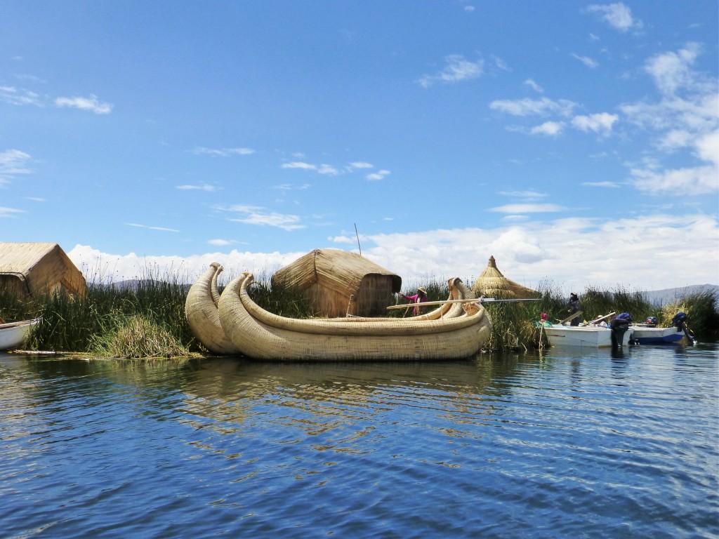 Traditional boats at an Uros floating island