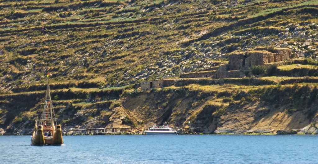 Inca ruins on Isla del Sol, a view from the ferry