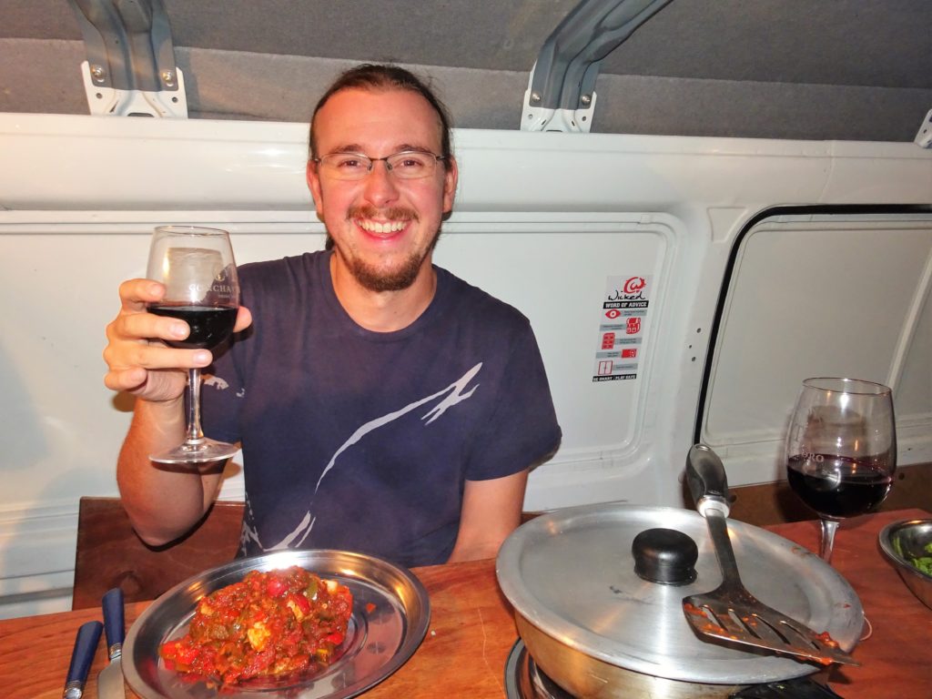 Eating inside the van, sheltering from the rain