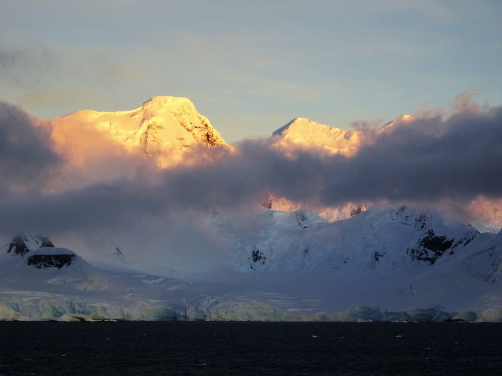 Sunrise lighting up the Antarctic peninsula
