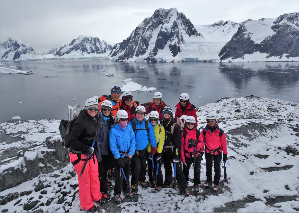 Climbing group on top of the mountain on Petermann Island