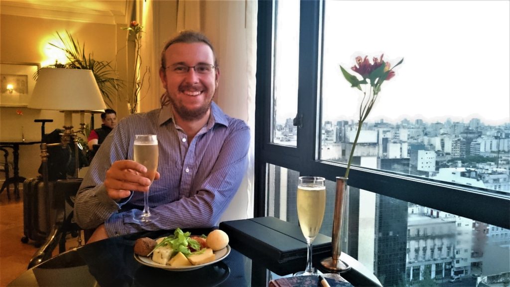 Enjoying the free food at the hotel in Buenos Aires
